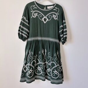 THE GREAT Bohemian Embroidered Dress - Green and White